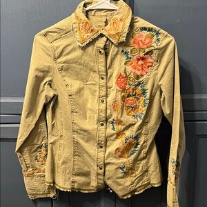 Love Polly Embroidered Western Snap Button Rodeo Army Green Shirt M Cowgirl